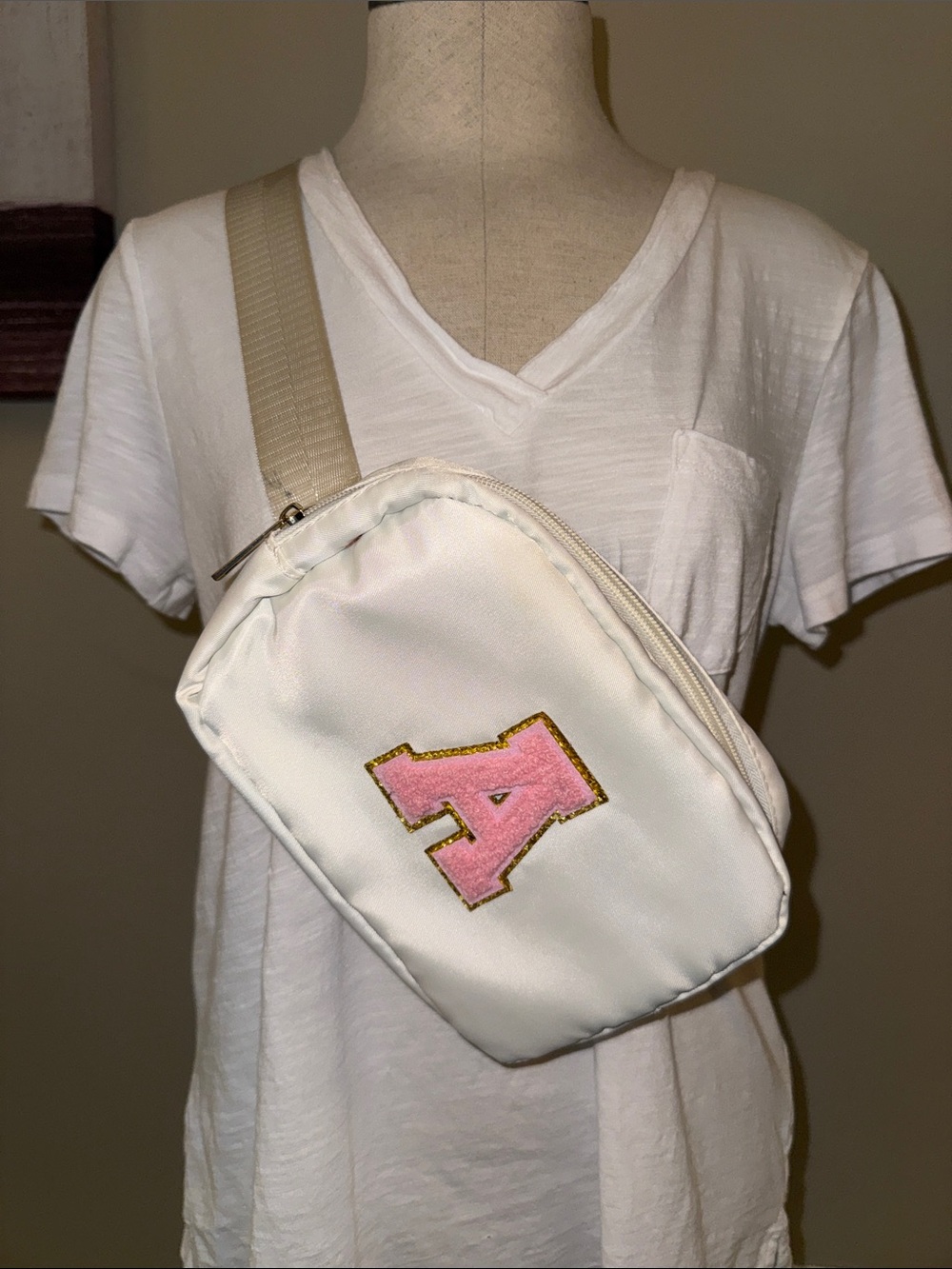 Cream Color Crossbody Belt Bag with Pink A Patch